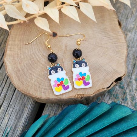 Boucles d'oreilles Chat Noir dans Bocal de Cœurs avec Perle Fimo Pailletée - Bijoux Fantaisie