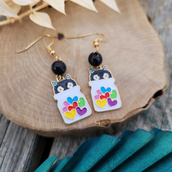 Boucles d'oreilles Chat Noir dans Bocal de Cœurs avec Perle Fimo Pailletée - Bijoux Fantaisie