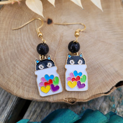 Boucles d'oreilles Chat Noir dans Bocal de Cœurs avec Perle Fimo Pailletée - Bijoux Fantaisie