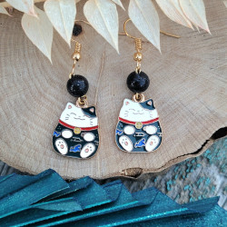 Boucles d'oreilles "Maneki-neko nocturne" avec perles Fimo