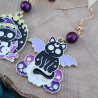 Boucles d'oreilles mystiques chat sorcier et chauve-souris avec perle violet