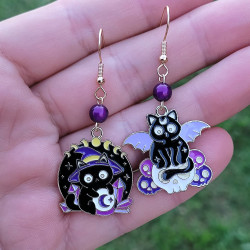 Boucles d'oreilles mystiques chat sorcier et chauve-souris avec perle violet