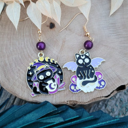 Boucles d'oreilles mystiques chat sorcier et chauve-souris avec perle violet