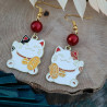 Boucles d'oreilles Maneki Neko avec perle rouge, porte-bonheur