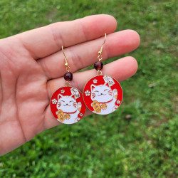 Boucles d'oreilles chat porte-bonheur Maneki-Neko, fait main