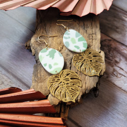 Boucles vert sauge dorées en acier inoxydable, Style terrazzo| Fait main