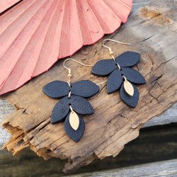 Boucles d’oreilles feuilles noires en argile polymère Fimo