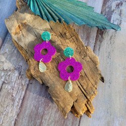 Petites fleurs fuchsia & bleu canard pailleté avec breloque en laiton.