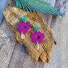 Petites fleurs fuchsia & bleu canard pailleté avec breloque en laiton.