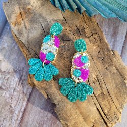 Boucles Fantaisie Pailletées - Résine Fuchsia, Bleu et Or Brillant