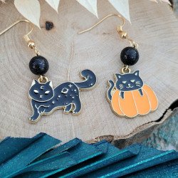 Boucles d'oreilles "Chat noir et Citrouille" avec perles Fimo