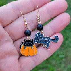 Boucles d'oreilles "Chat noir et Citrouille" avec perles Fimo