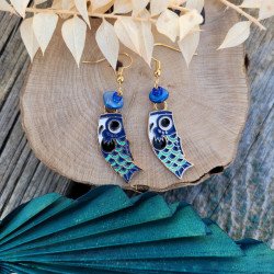 Boucles d'Oreilles en Émail Bleu et Or avec Perles Artisanales