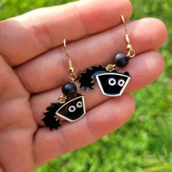 Boucles d'oreilles fantaisie chat noir en émail et perle pailletée