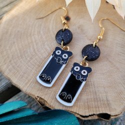 Boucles d'oreilles Chat Noir - Verre et Perles Pailletées en Argile Polymère