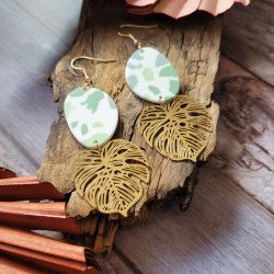 Boucles vert sauge dorées en acier inoxydable, Style terrazzo| Fait main