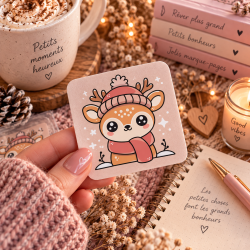 Sticker Renne Kawaii Hiver | Autocollant Pailleté Fait Main